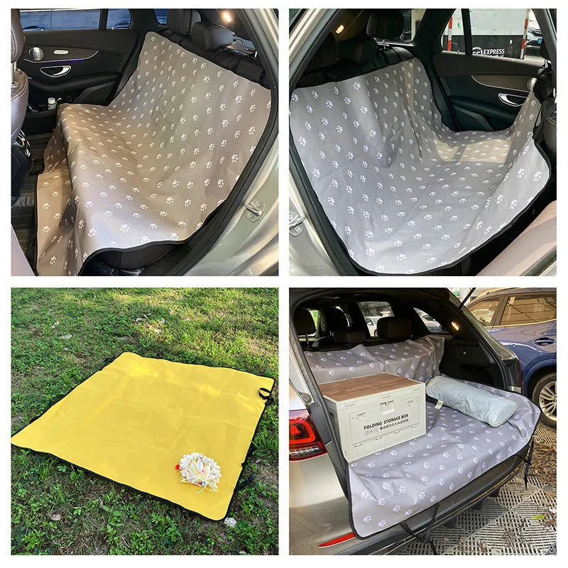 Grey car pet mat with dog bone print design covering a car rear seat