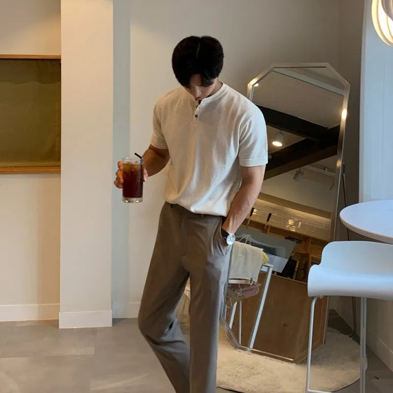 Men's thin ice silk knitted short-sleeved shirt in slim-fit loose pullover style