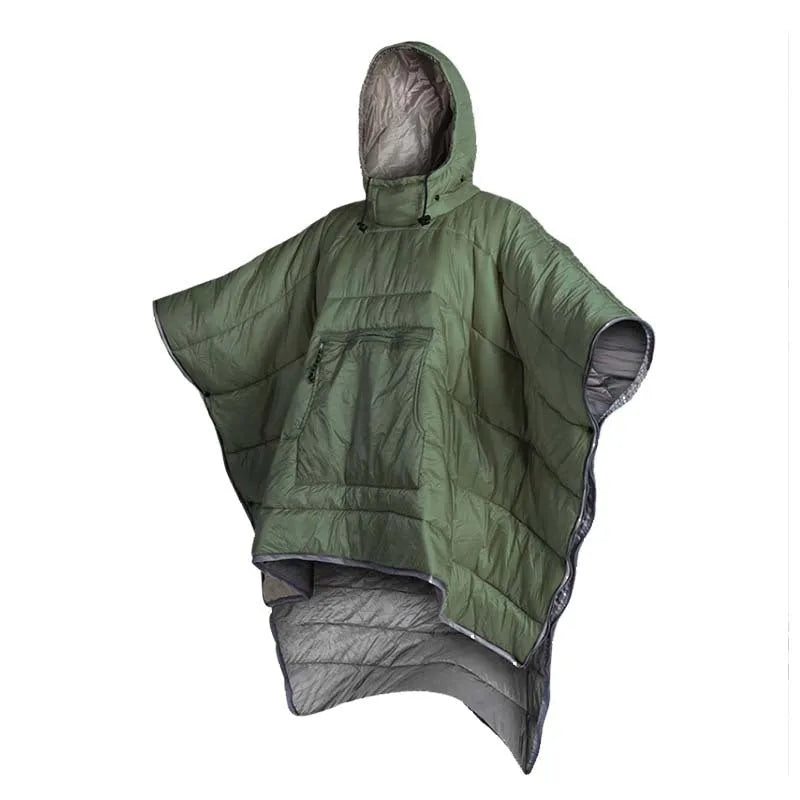 Army green outdoor cloak sleeping bag with wearable design showing 200x140cm dimensions