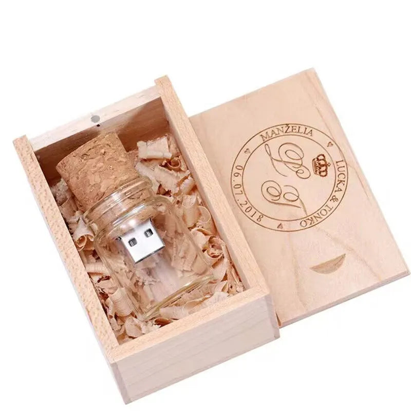 Clear glass bottle USB flash drive with wooden cap showing internal component