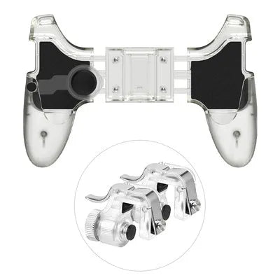 Black mobile phone game controller with dual analogue sticks and trigger buttons for plug-in gaming control