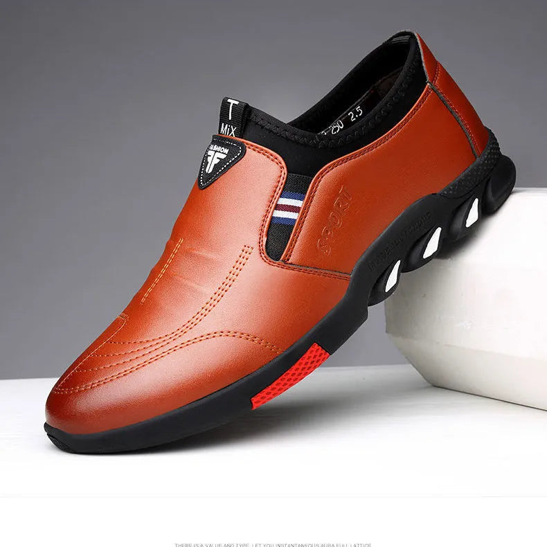 Men's black and brown PU leather business casual shoes with flat heels and multiple design styles