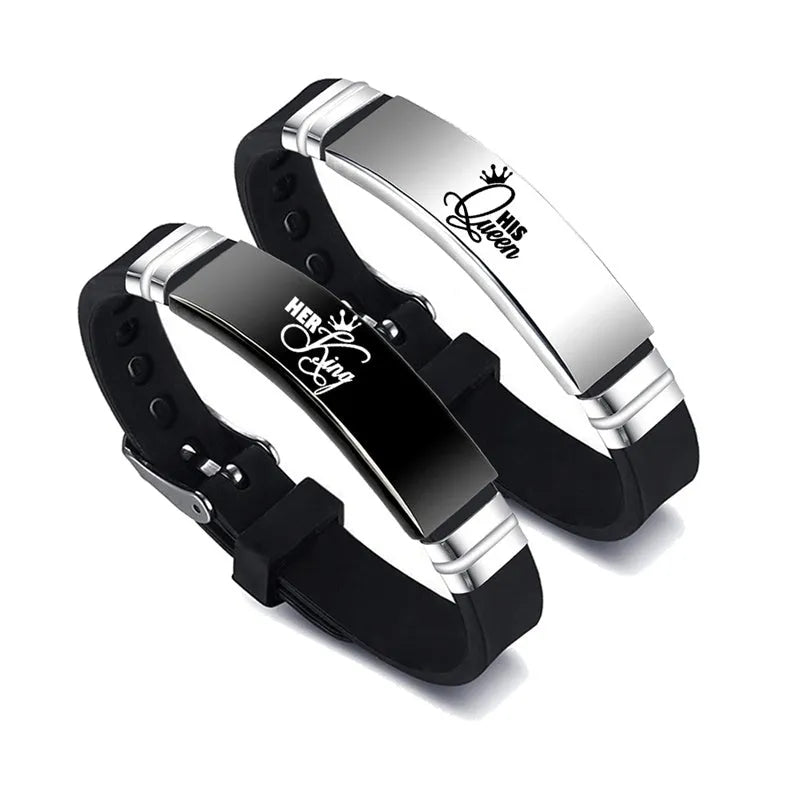 Black and silver couple bracelets with stainless steel crown and letter charm on adjustable silicone strap