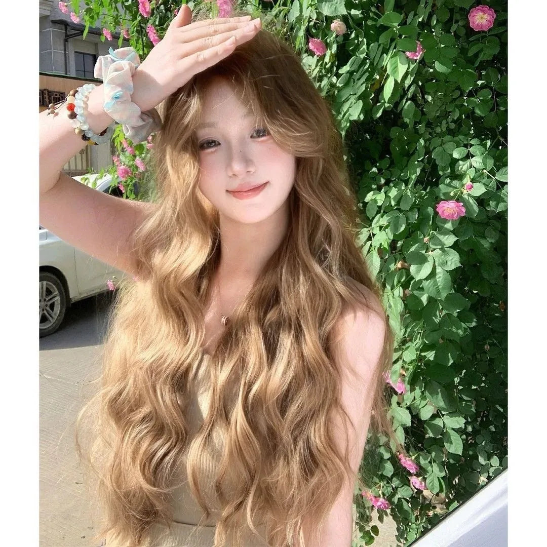 Linen brown medium long curly synthetic wig with hair net on display