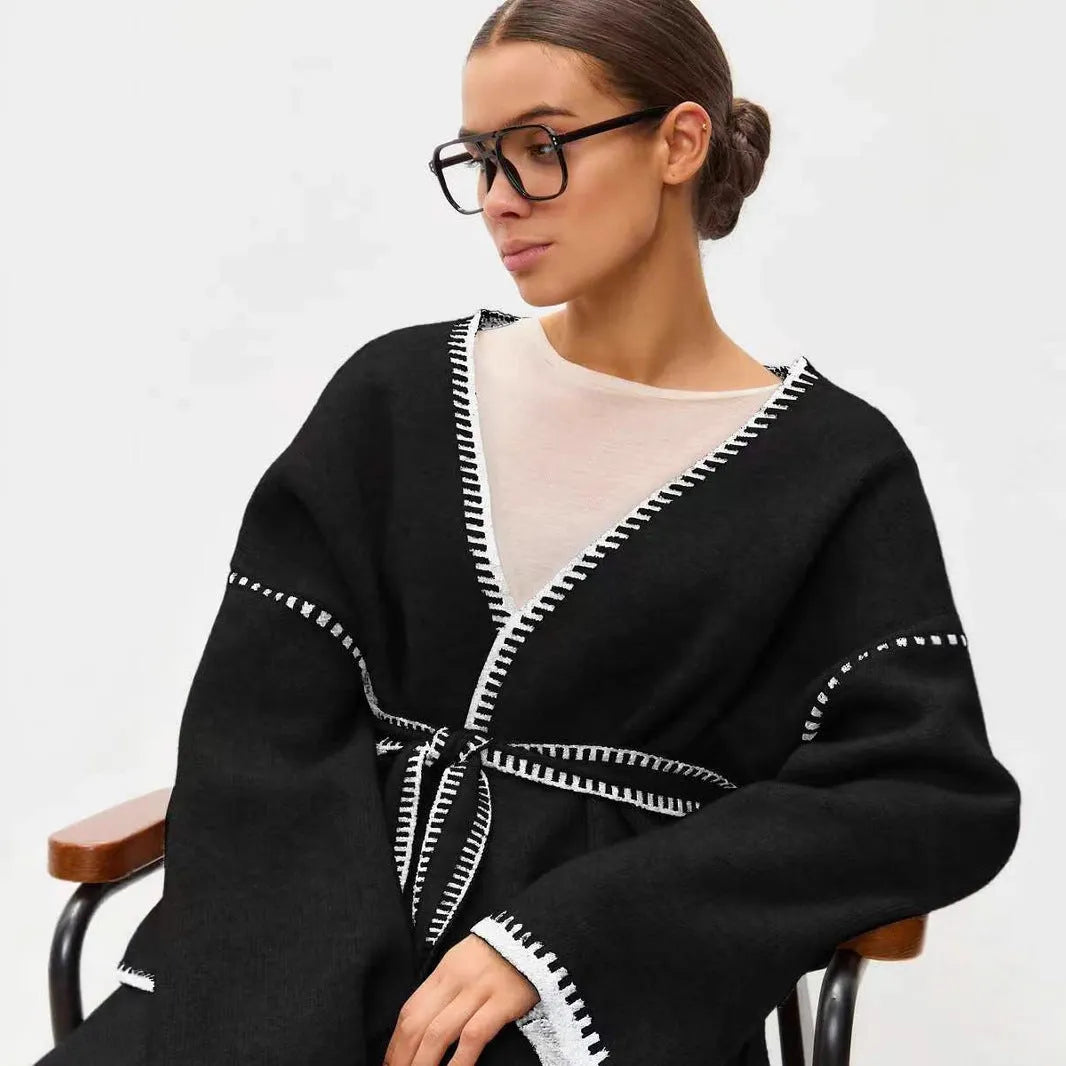 Lace-up front imitation cashmere knitted cardigan in loose mid-length fit showing black, camel, and white colour options