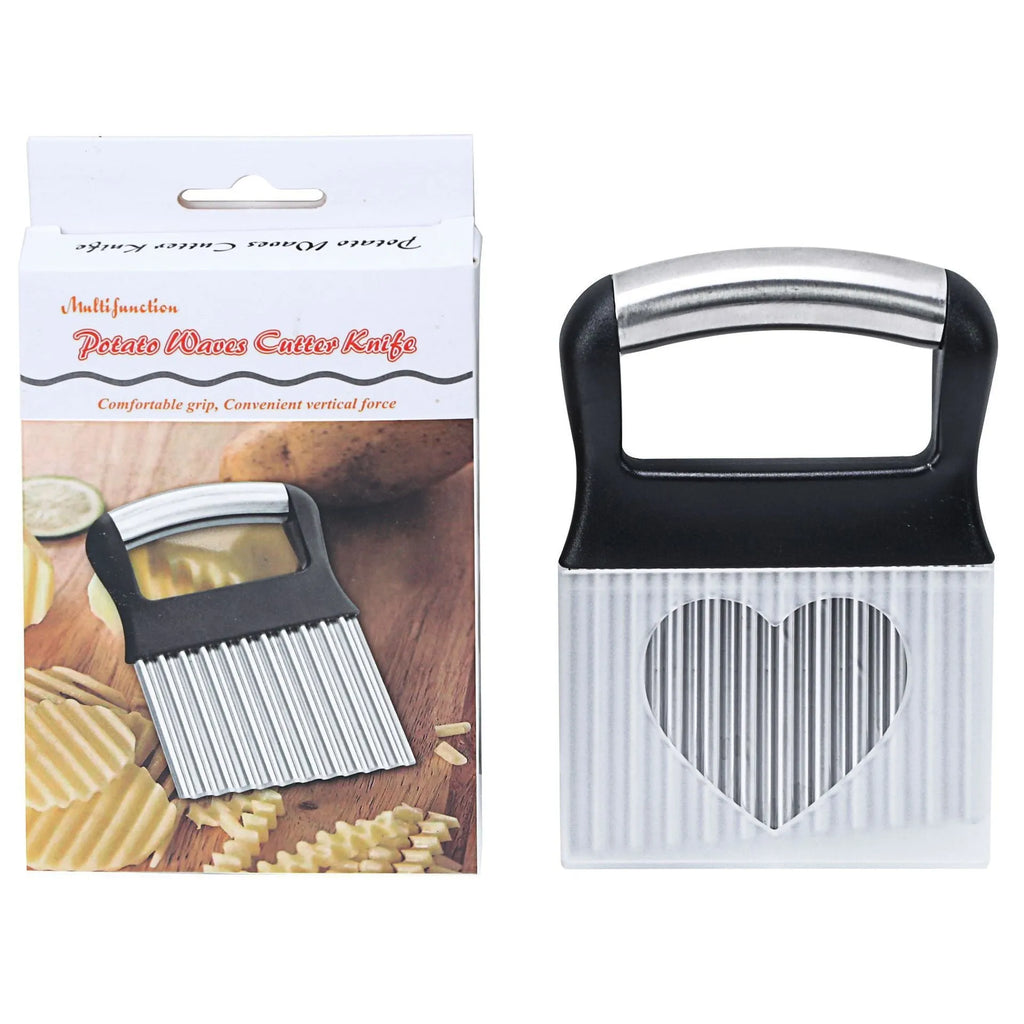 Stainless steel potato wave knife for cutting crinkle chips, shown in black and white.