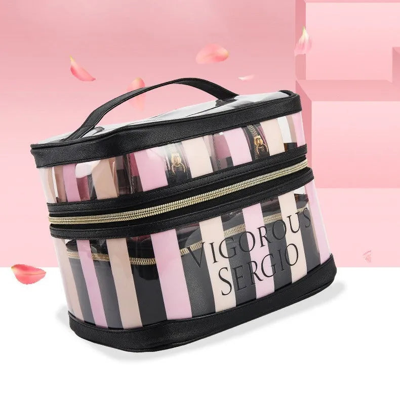 Pink bold stripes makeup bag with floral pattern, synthetic leather waterproof cosmetic organiser with folding design