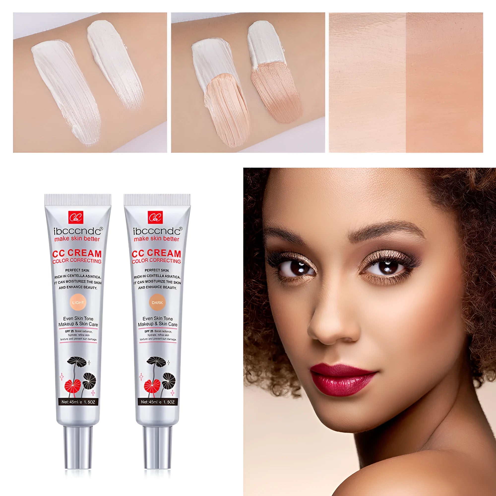 Erborian Centella Asiatica CC Cream tube in dark and light shades for colour correction.