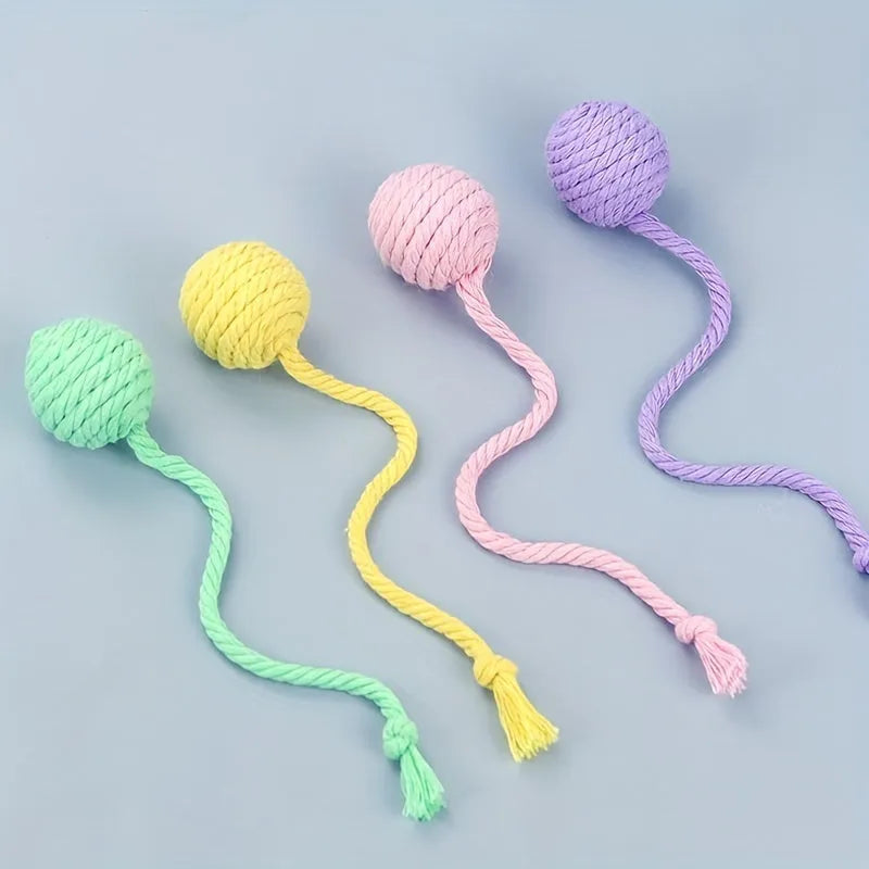 Colourful cat toy ball with rope handle and internal bell in 6cm or 3cm sizes
