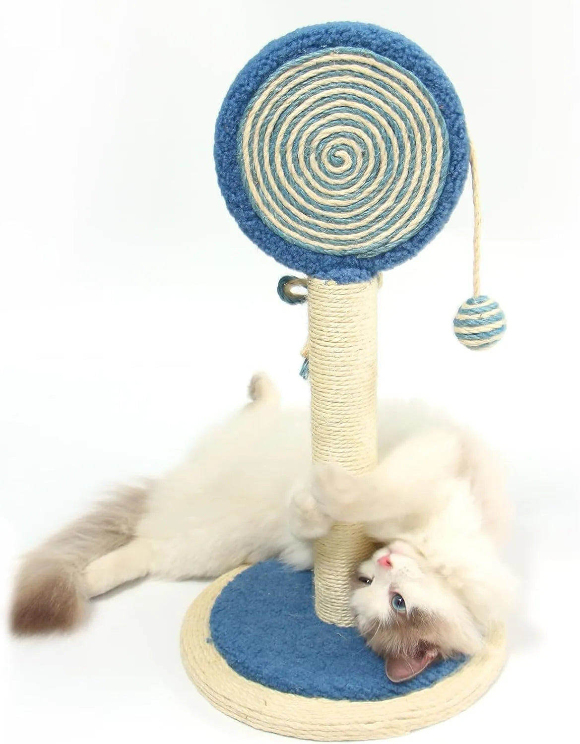 Blue cat scratching post with natural sisal rope and hanging ball toy on sturdy base