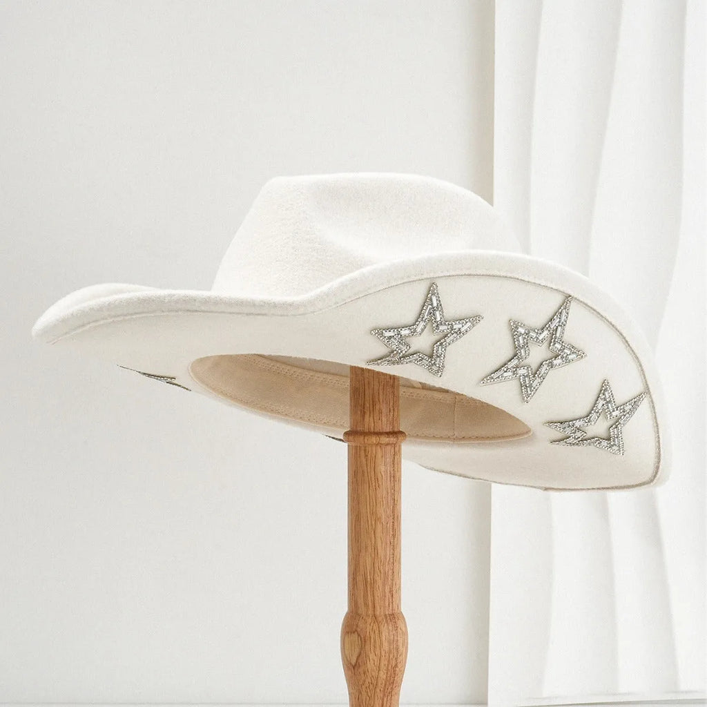 Western denim top hat with hexagonal star pattern on woven polyester fabric