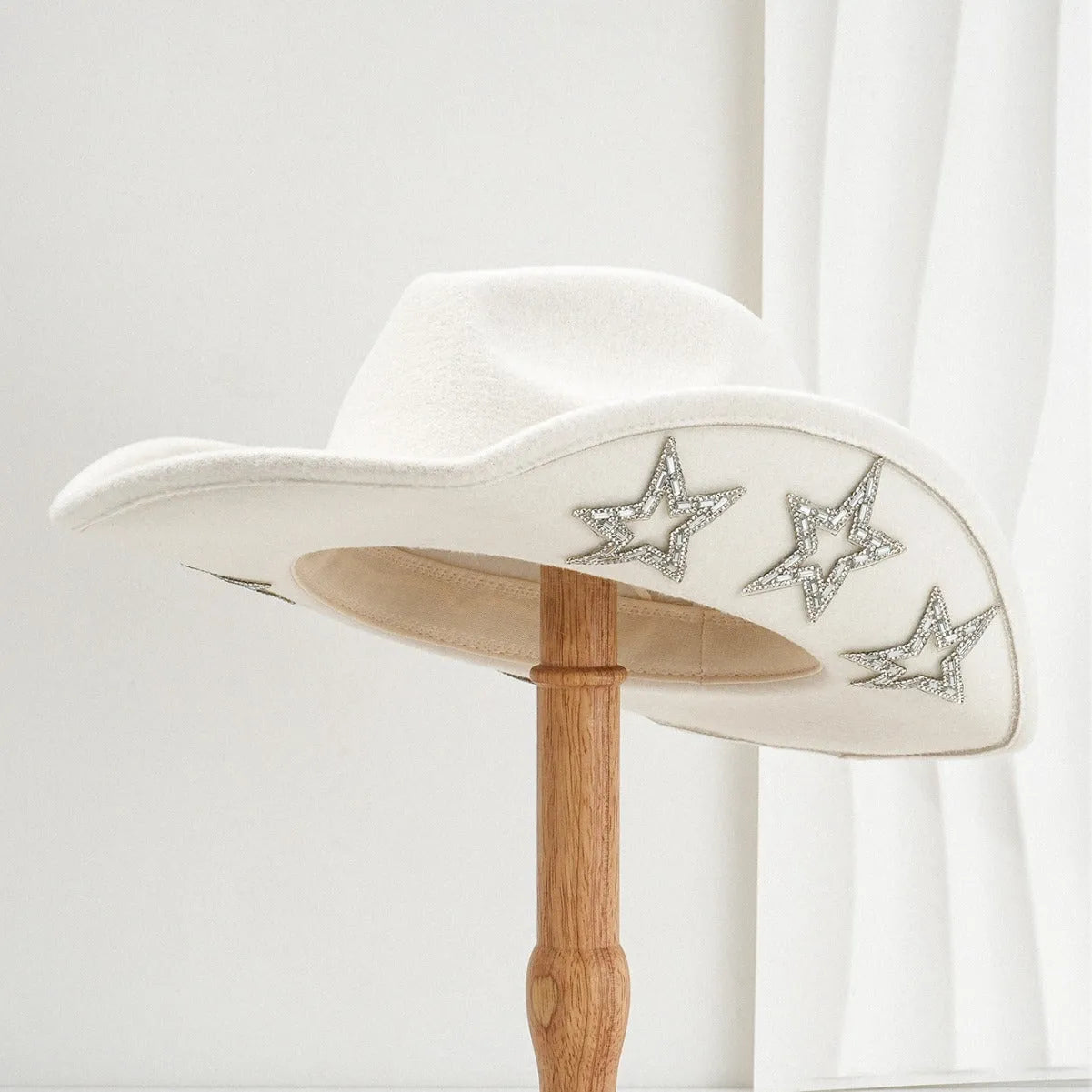Western denim top hat with hexagonal star pattern on woven polyester fabric