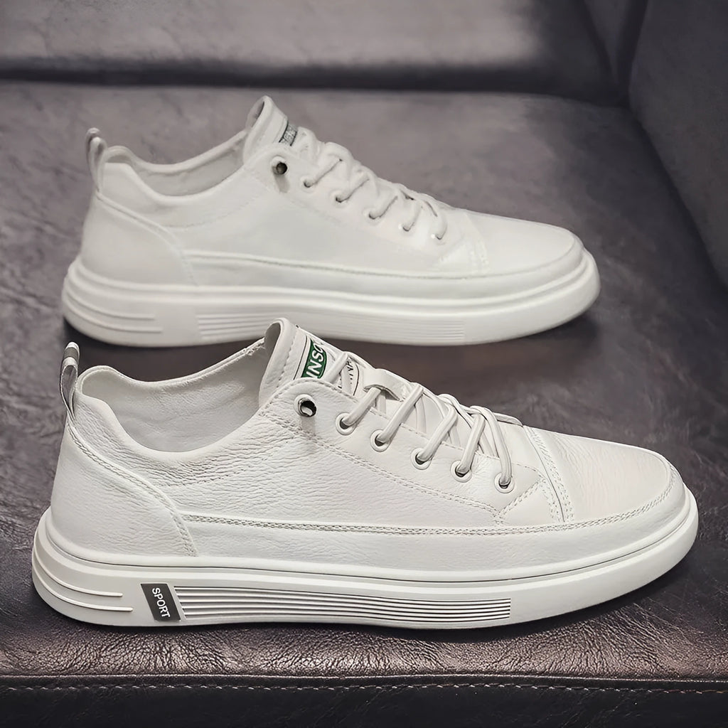 Men's casual white PU shoes with round toe and flat bottom design on size chart