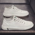 Men's casual white PU shoes with round toe and flat bottom design on size chart
