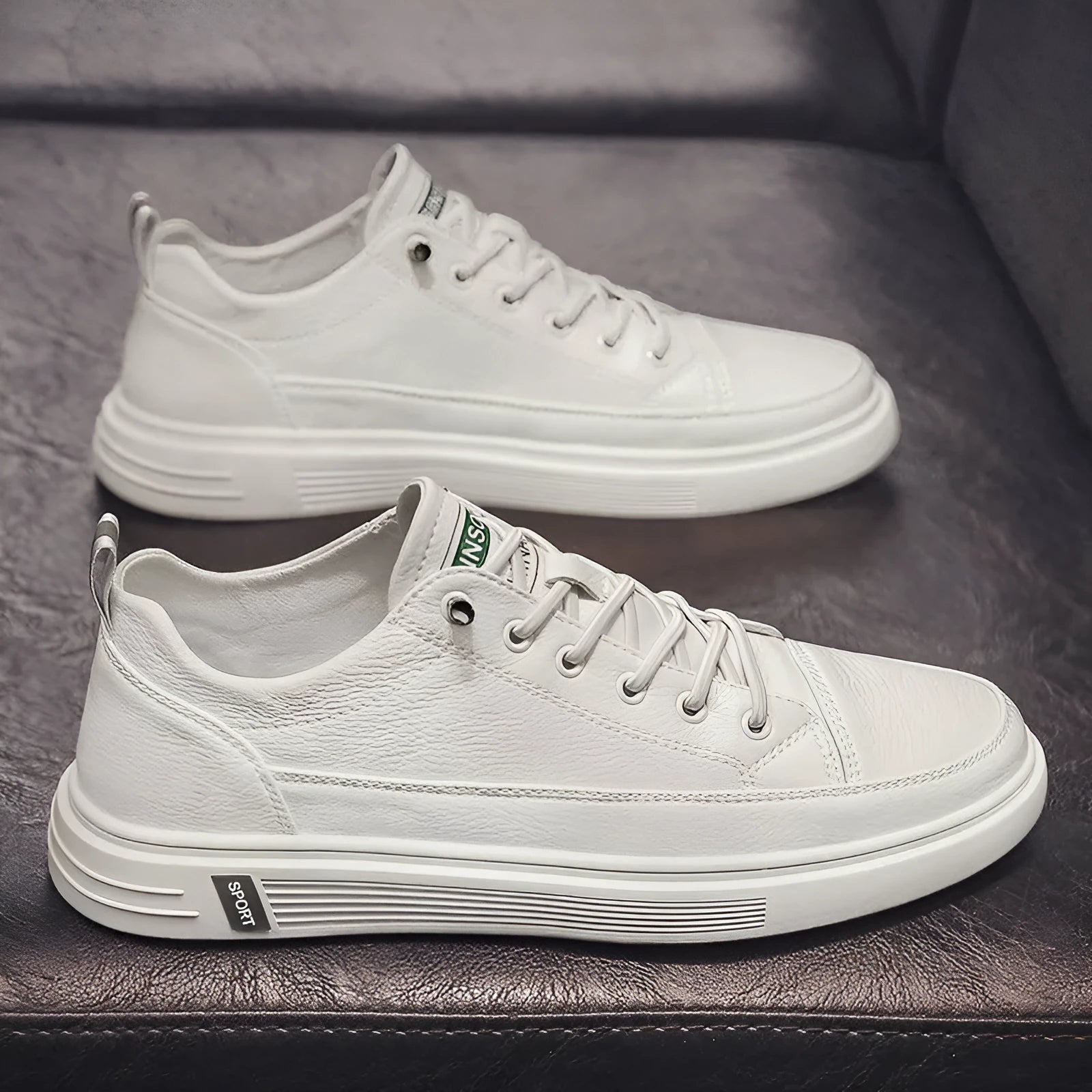 Men's casual white PU shoes with round toe and flat bottom design on size chart