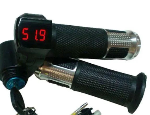 Electric vehicle handlebar control switch section with 5-core wires, shown in blue, red, silver, and yellow colour options.