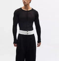 Black slim-fit mesh pullover with long sleeves and a round collar.