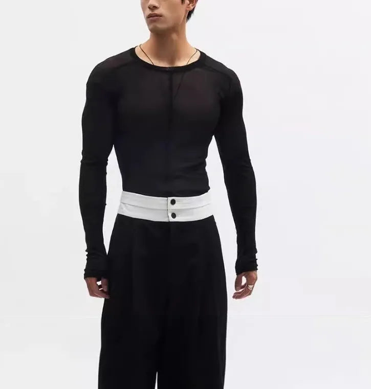 Black slim-fit mesh pullover with long sleeves and a round collar.