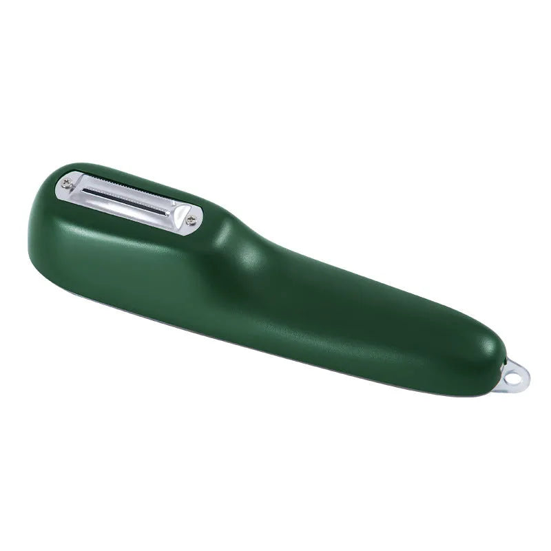 Dark green vegetable peeler with storage tube, showing stainless steel blade and hanging hole on handle.