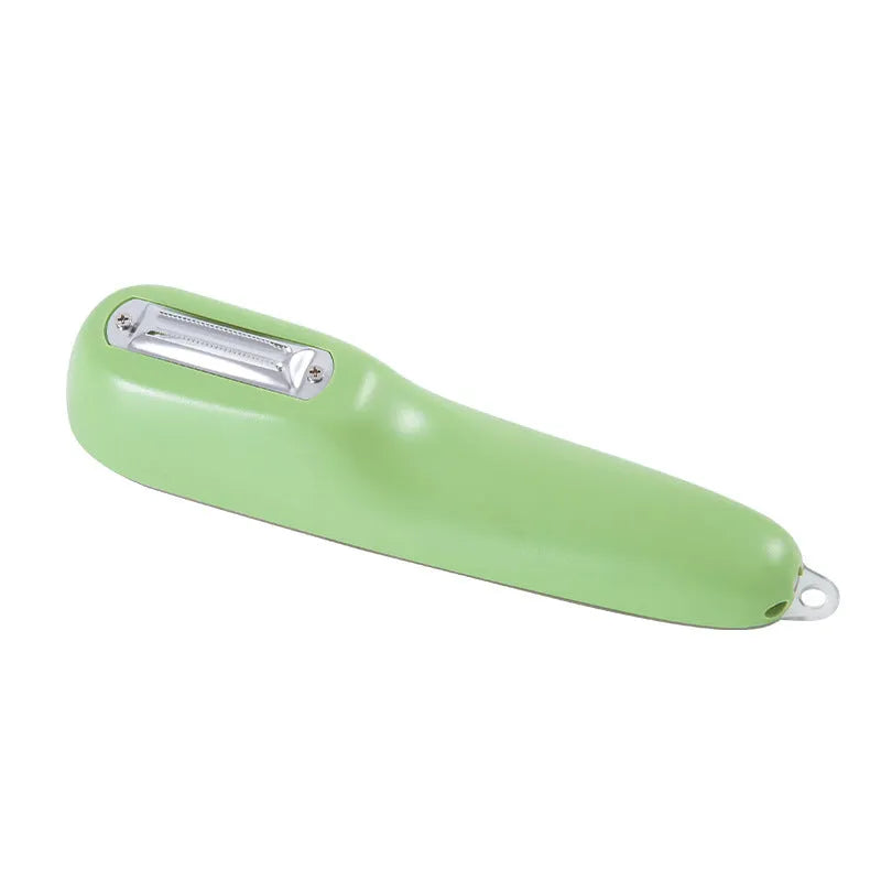 Dark green vegetable peeler with storage tube, showing stainless steel blade and hanging hole on handle.