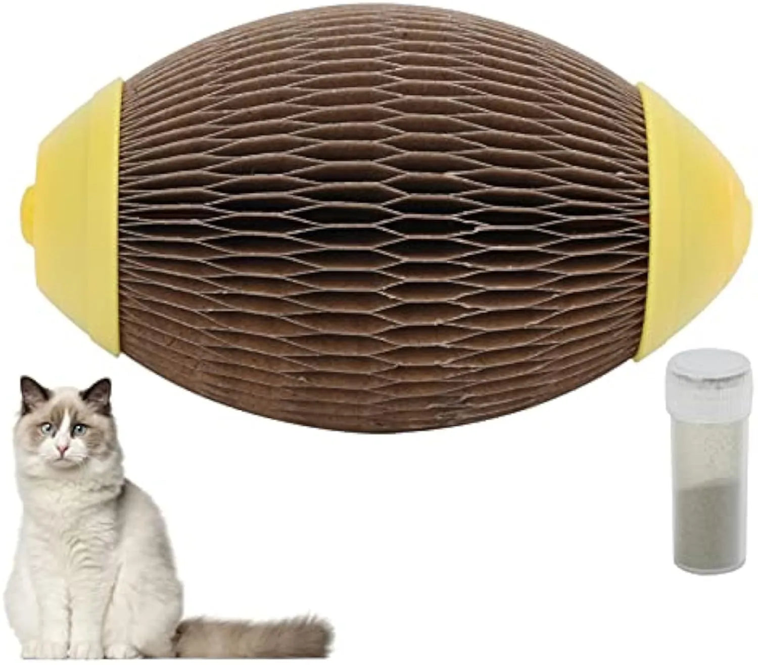 Elliptical catnip ball toy made from brown recycled corrugated paper for scratching and play.