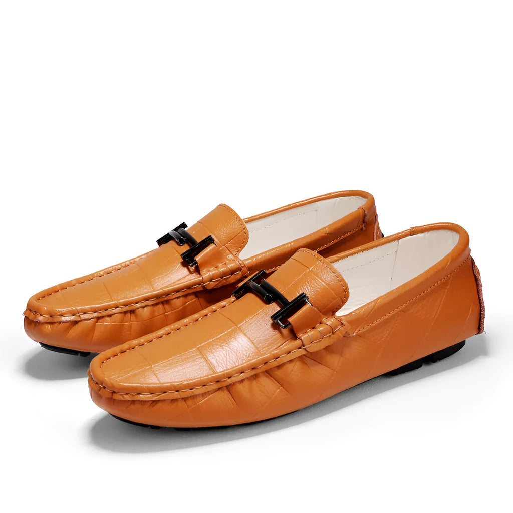 Men's casual leather shoes with belt buckle in black, blue, bronze, and white colours