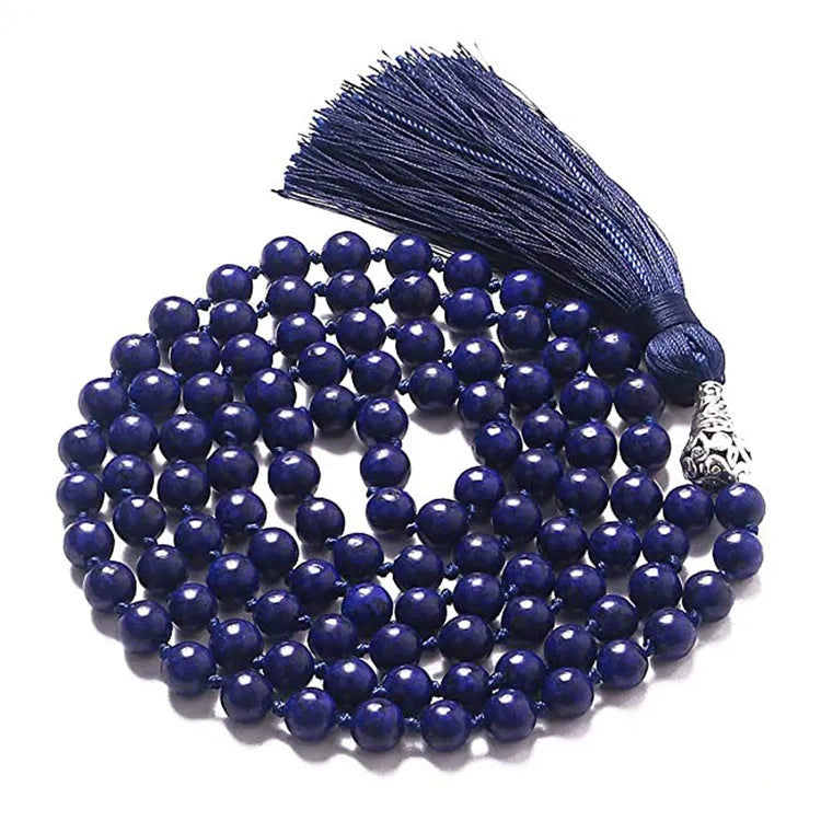 Long multi-strand agate tassel necklace with geometric pattern of amethyst, lapis lazuli, and blue stone beads.