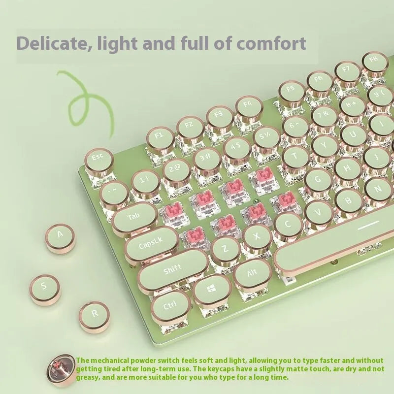 Aluminium alloy mechanical keyboard with white backlighting in matcha green colour, showing 87-key layout and multifunction knob.