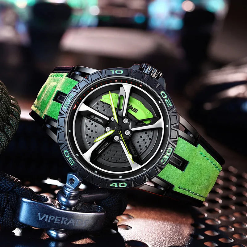 Men's quartz skeleton watch with 47mm steel case, luminous hands, and black rubber strap on grey background