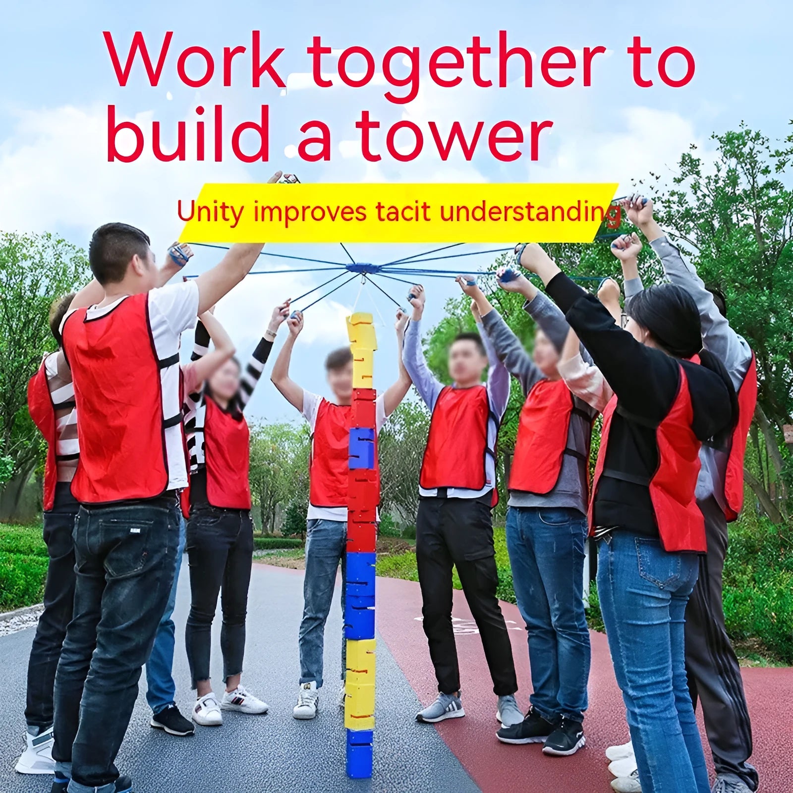 ABS plastic team building equipment set with pull ropes and tower blocks in multiple colours