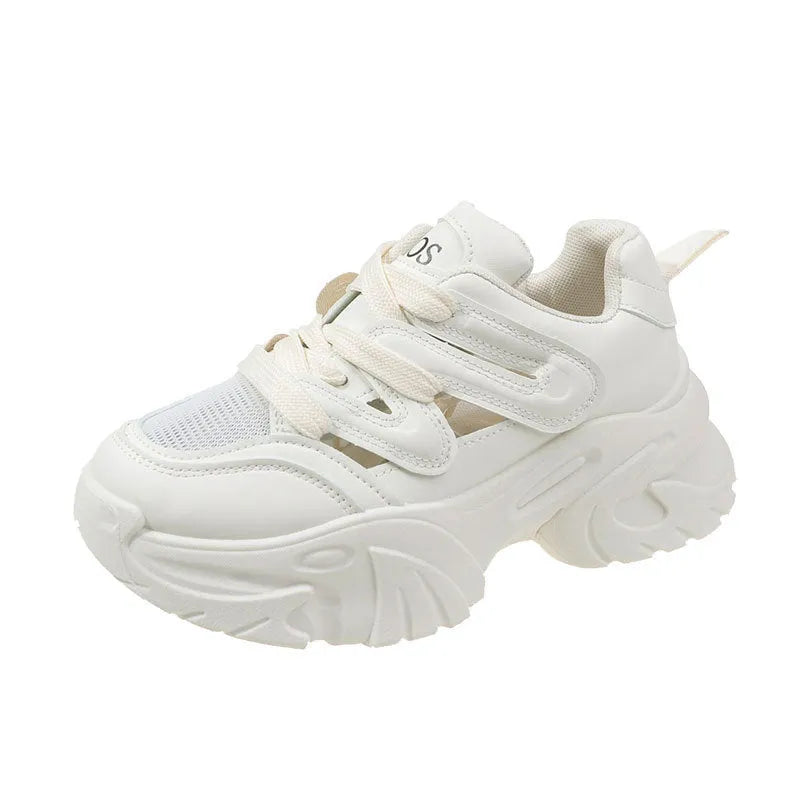 Women's height increasing thick bottom platform shoes in beige with synthetic leather upper, round toe, and front lace-up closure
