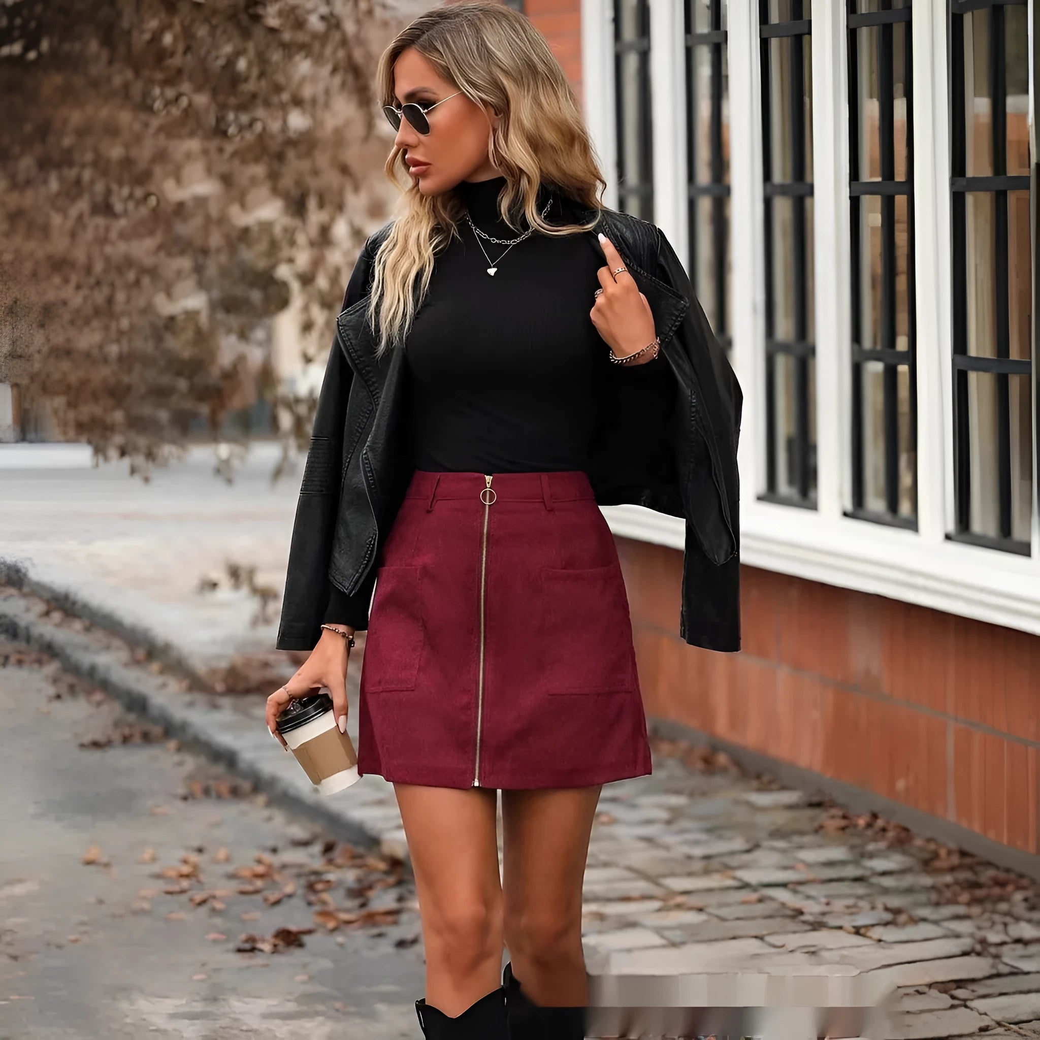 Women's high waist short skirt with front zip closure in black, shown on a hanger