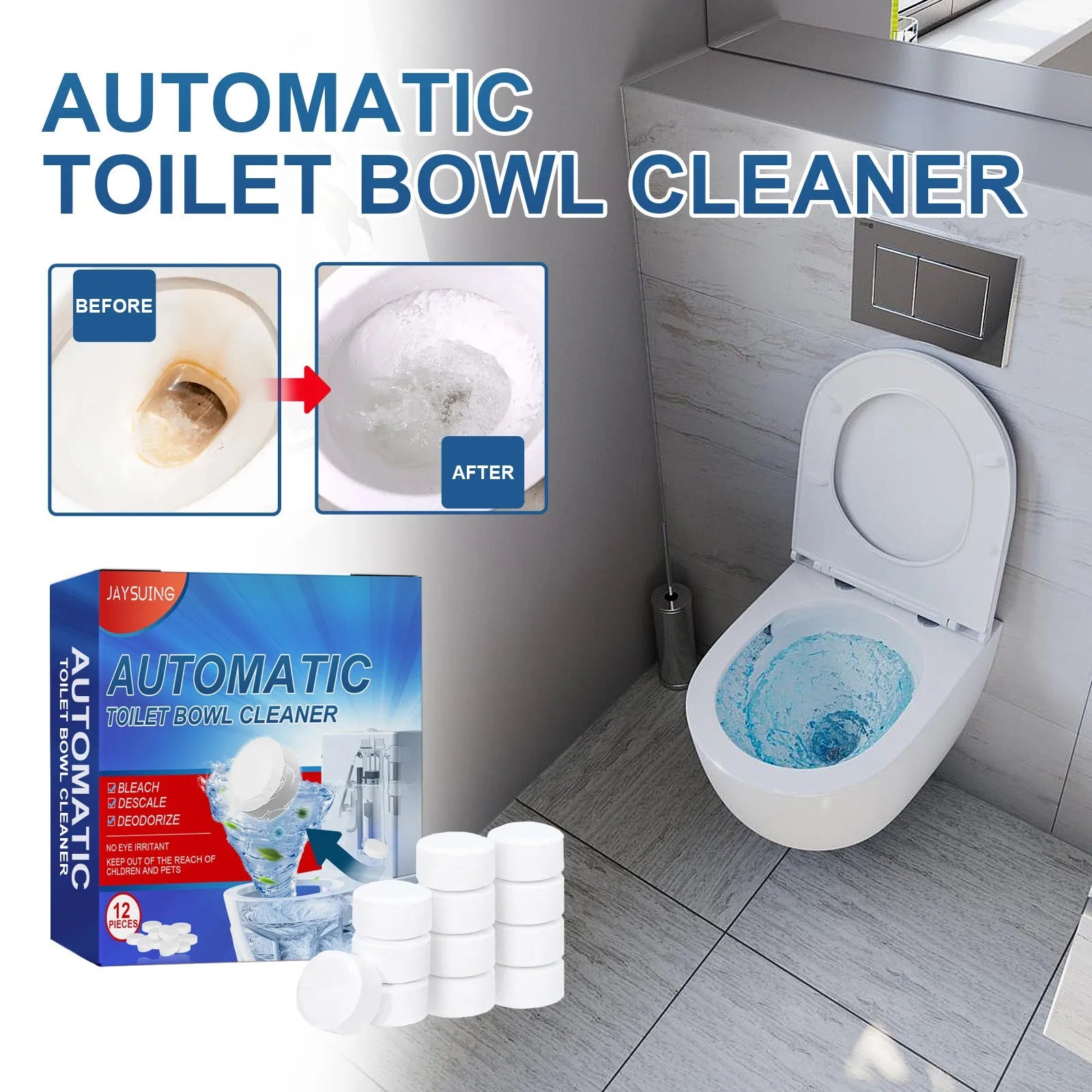 Household toilet cleaning effervescent tablets 12 pack with sodium bicarbonate formula in 10x2.1x10cm packaging