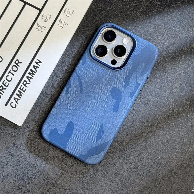 Magnetic camouflage leather phone case for iPhone with shockproof anti-fingerprint fabric finish in dark purple
