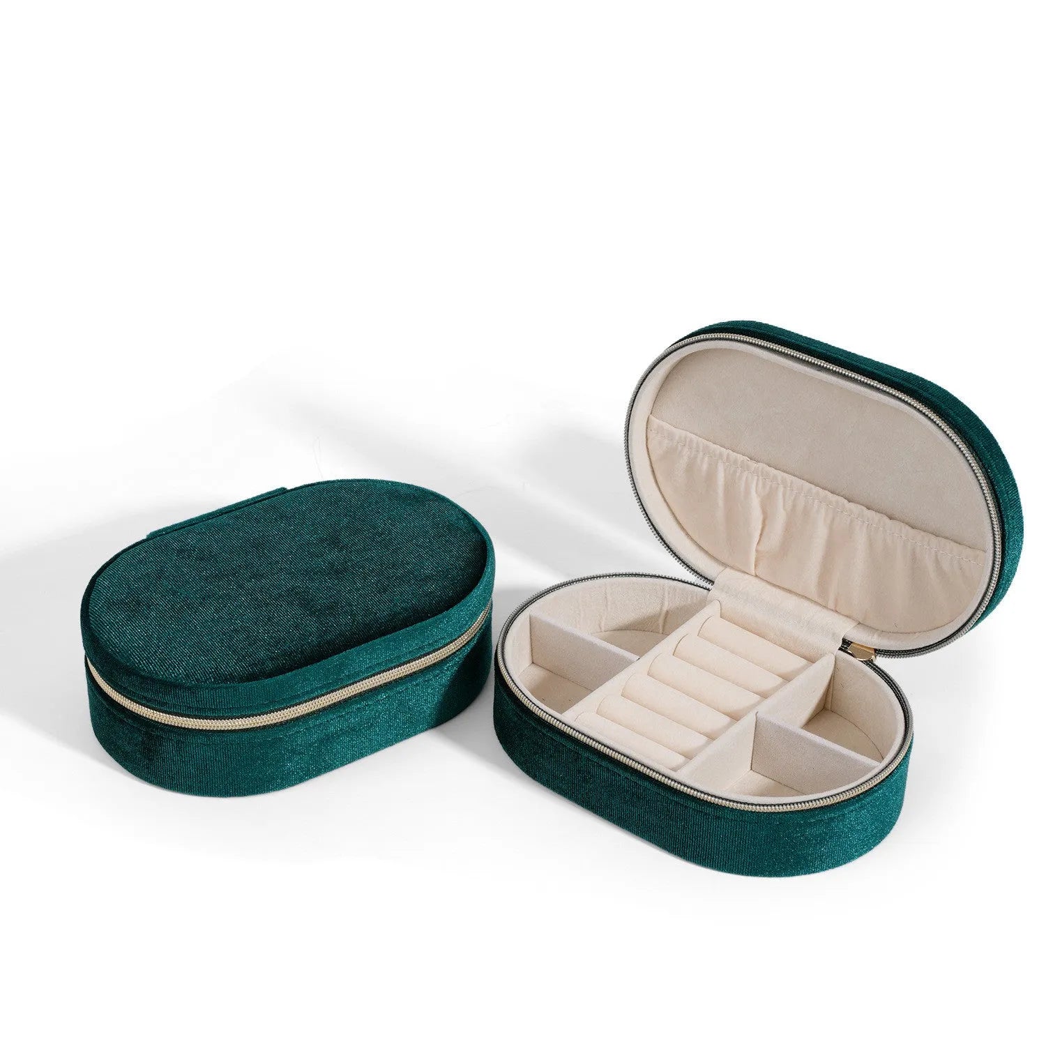 Oval velvet jewellery storage box in Korean style with flannel interior, showing colour options including lake blue, pink, and beige