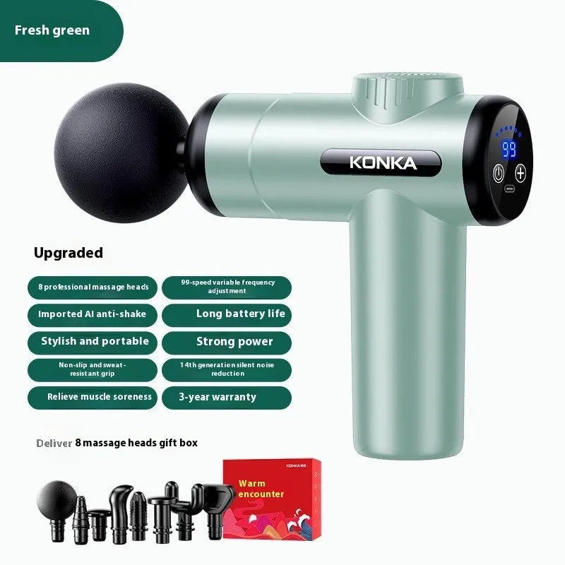Konka V19 mini electric massage gun in grey colour with multiple massage heads on a red box.