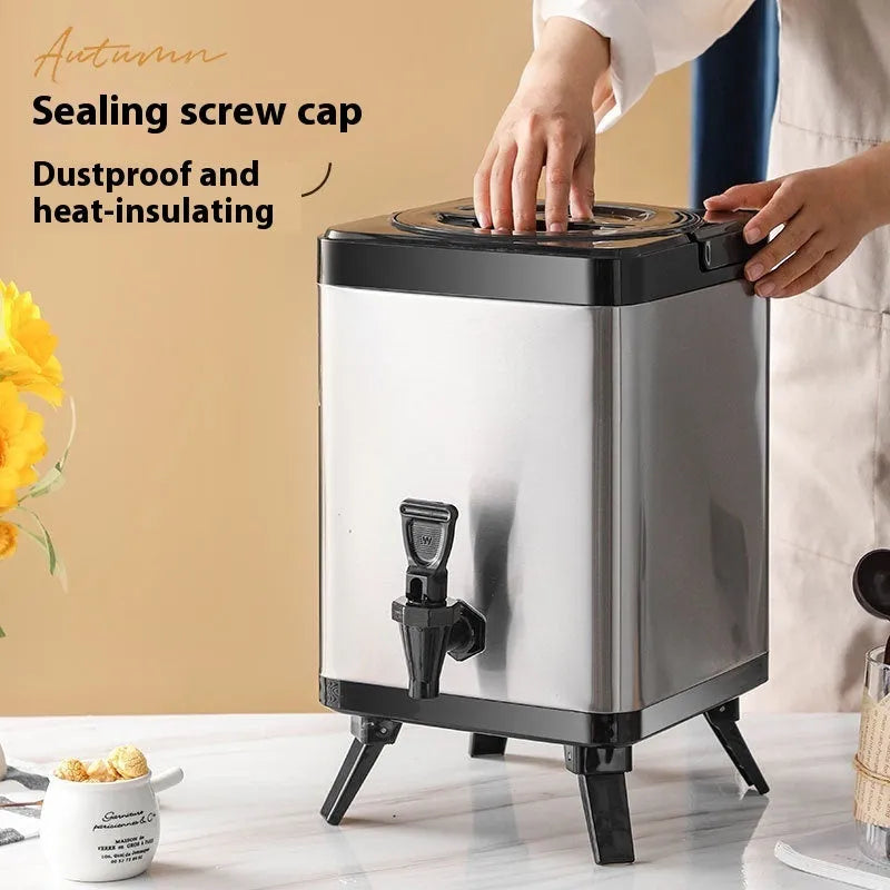 Silver stainless steel square lock cold insulation milk tea bucket with 8 litre capacity.