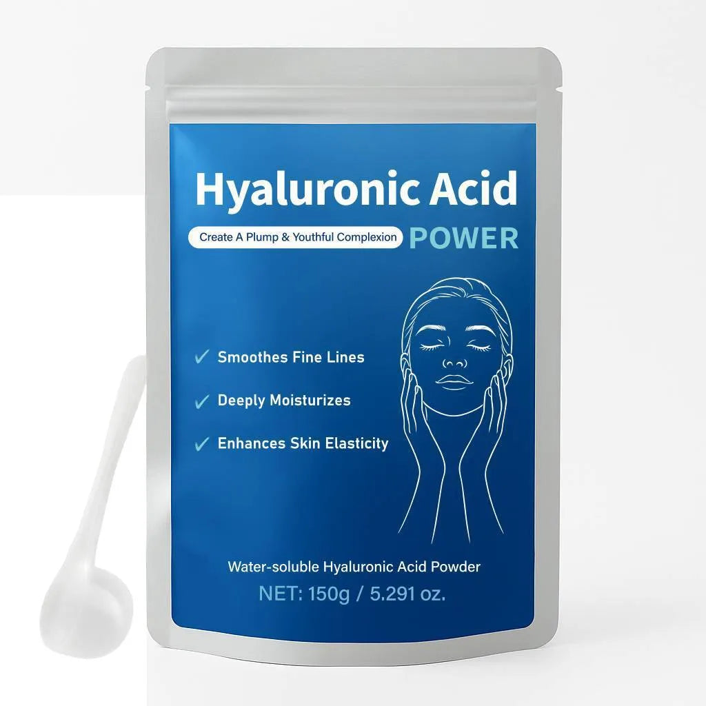 Container of pure hyaluronic acid powder, 150 grams net weight, for DIY skincare formulation.
