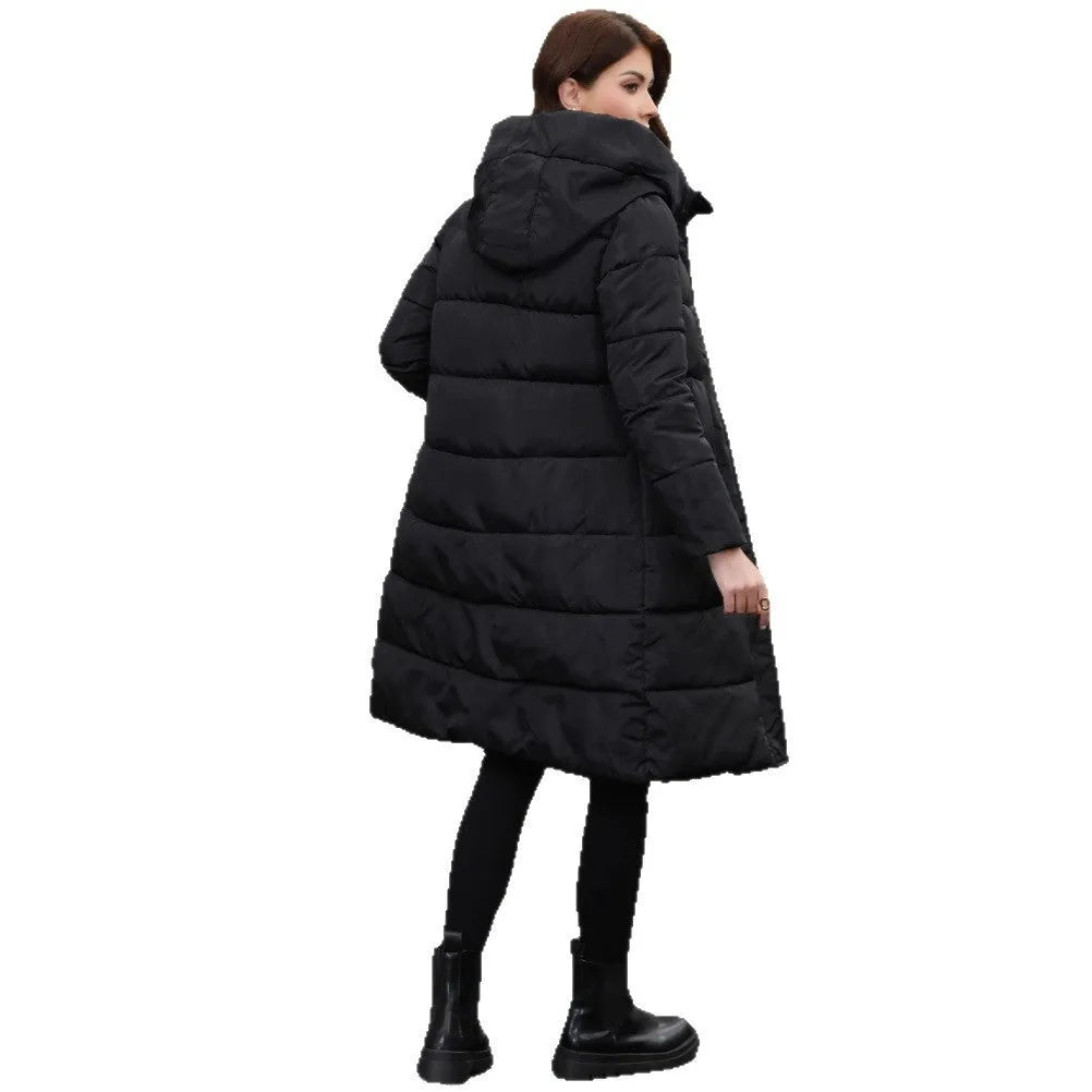 Black hooded slim fit long cotton jacket with cold-resistant thickened construction and regular long sleeves