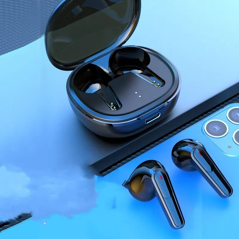 Black PRO30 noise reduction Bluetooth in-ear headphones on a dark background.