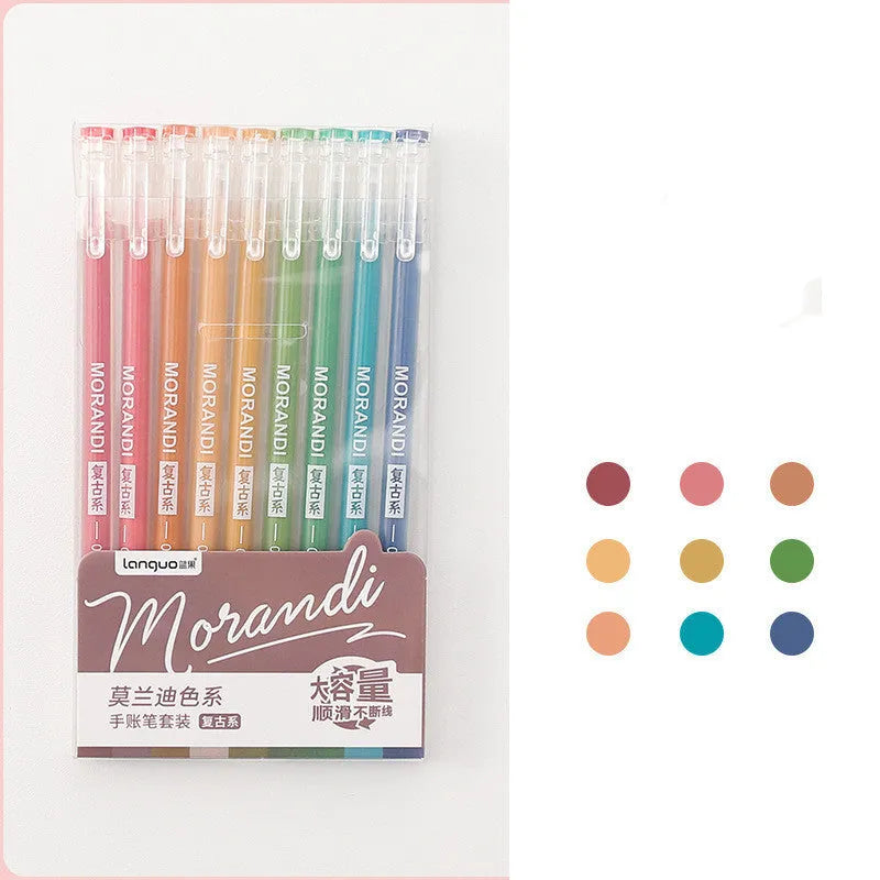 Retro hand account gel pen set showing nine colour pens with 0.5mm needle tips and plastic construction