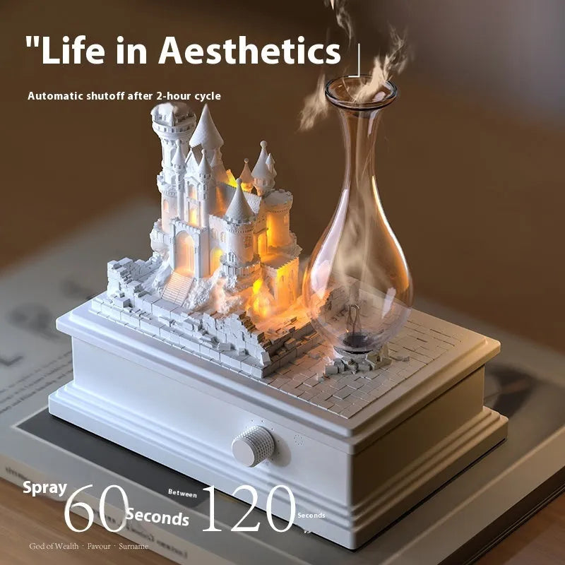 White medieval castle-shaped waterless aromatherapy machine with ambient light as a decorative ornament.