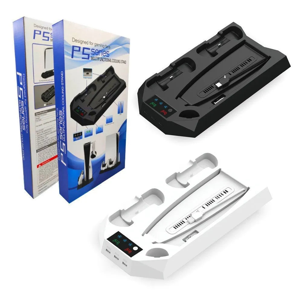 White PS5 charging stand with console upright, DualSense handle docked, and headset on hook.