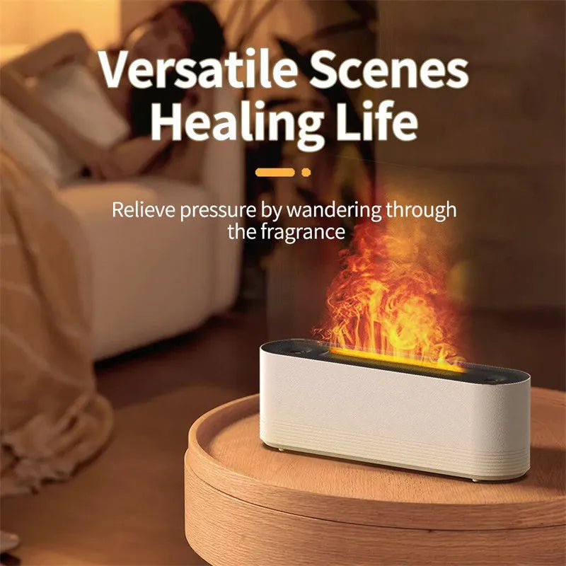 Black ultrasonic humidifier diffuser with coloured flame LED light and mist spray
