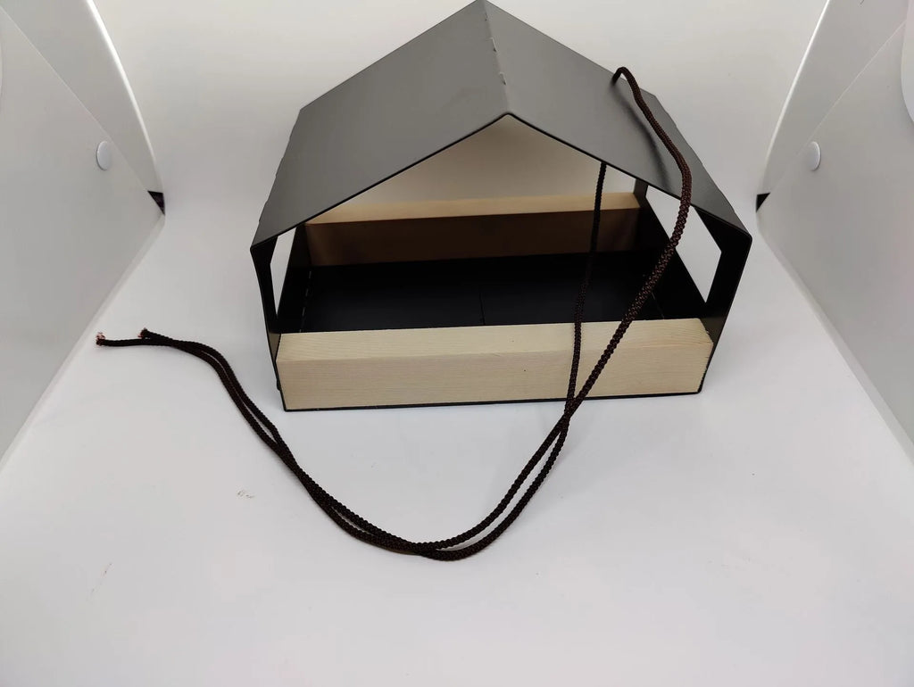 Black square geometry hanging bird feeder made from iron metal for outdoor garden decoration