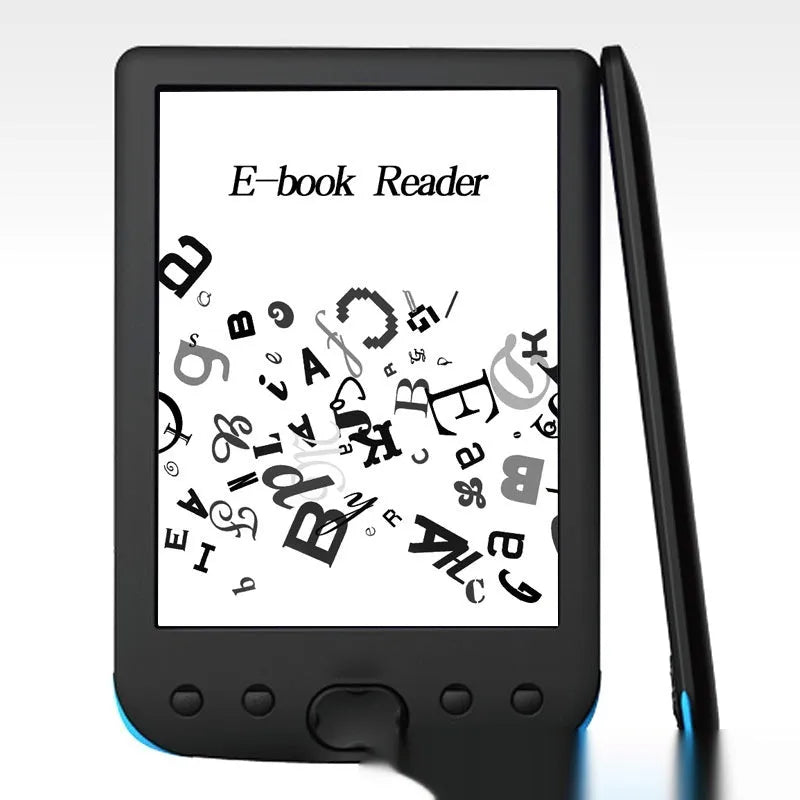 Black 6-inch E-ink screen e-book reader showing its front display.