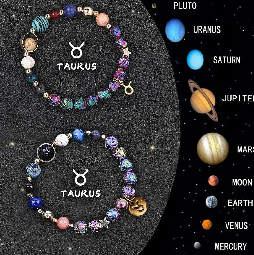 Two natural stone beaded bracelets with zodiac symbols on an adjustable cord.