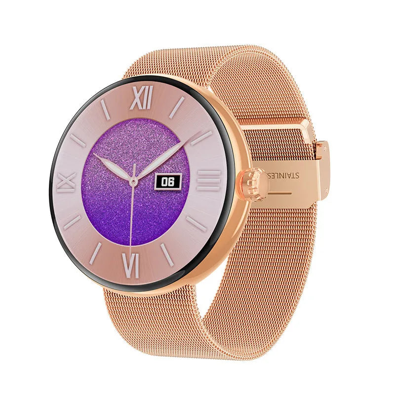 Women's circular smart watch with colour touch screen and metal strap in three colour options