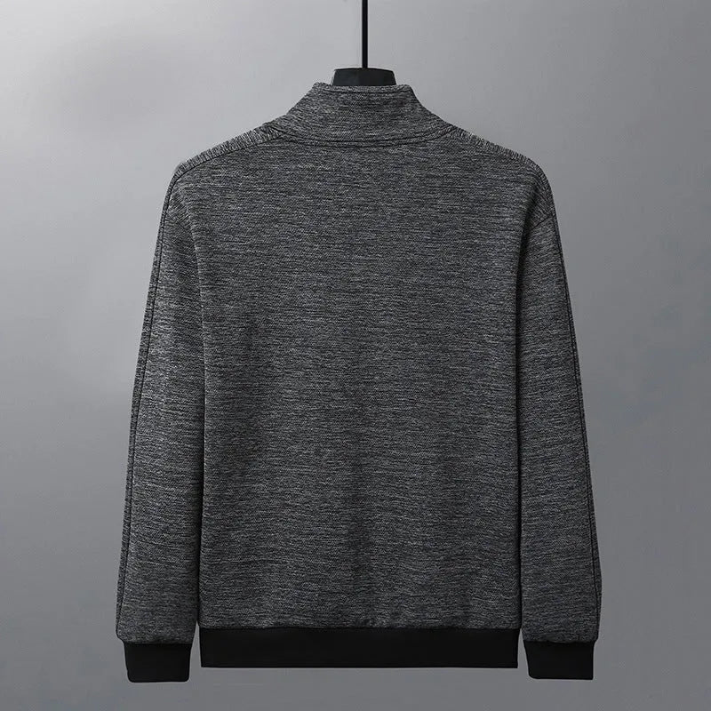 Men's black casual zip-up jacket with a stand-up collar on a hanger