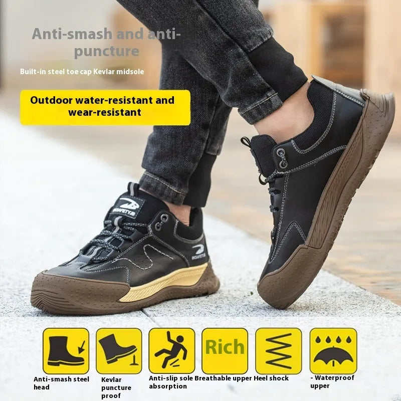 Work shoes with Flyknit construction, leather upper, and rubber sole available in multiple colours and sizes